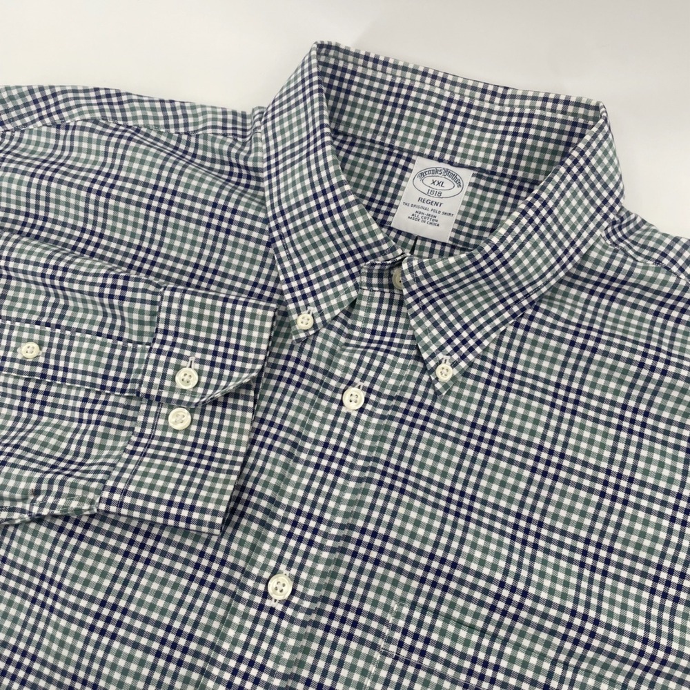 Brooks Brothers Shirt Mens XXL Green Navy Gingham Regent Non-Iron Button Down LS